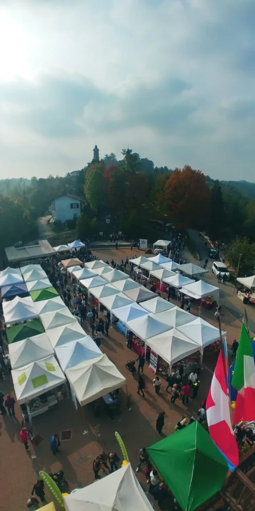 Veduta aerea dei gazebo della fiera con la collina e la torre sullo sfondo